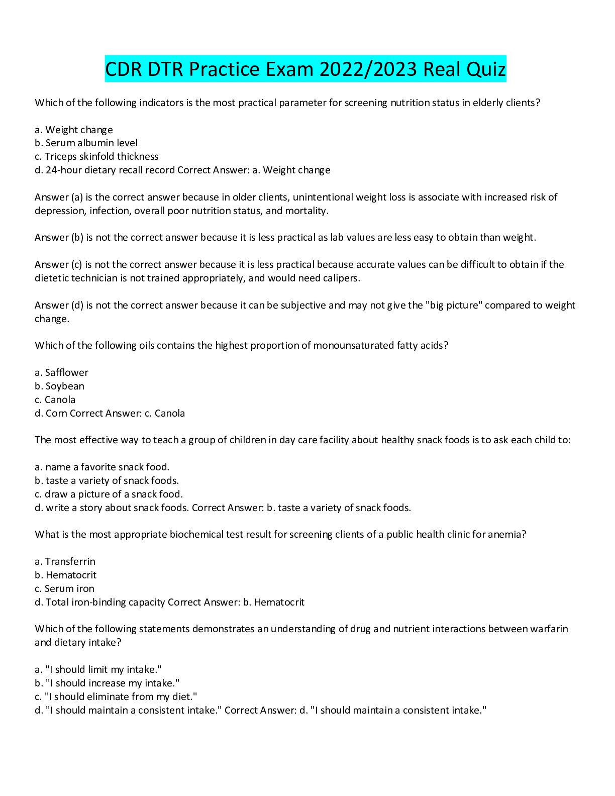 CDR DTR Practice Exam 2022 Browsegrades